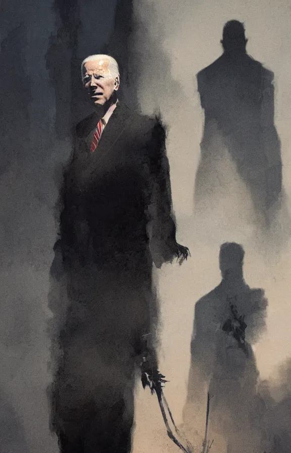 Image similar to Joe Biden casts a long shadow, by Greg Rutkowski and Dave McKean,