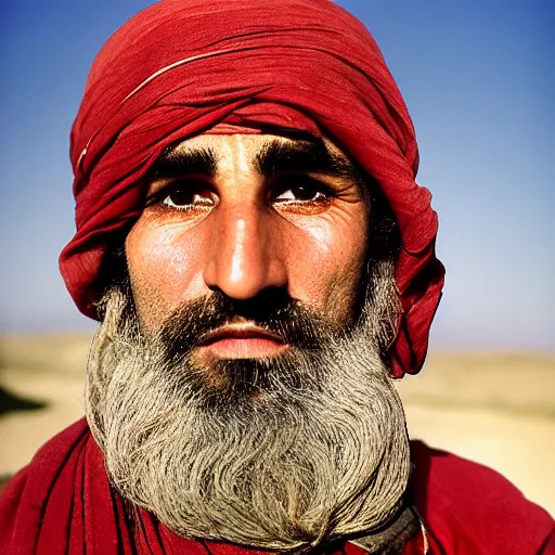 Image similar to portrait of stavros halkias as afghan man, green eyes and red scarf looking intently, photograph by steve mccurry