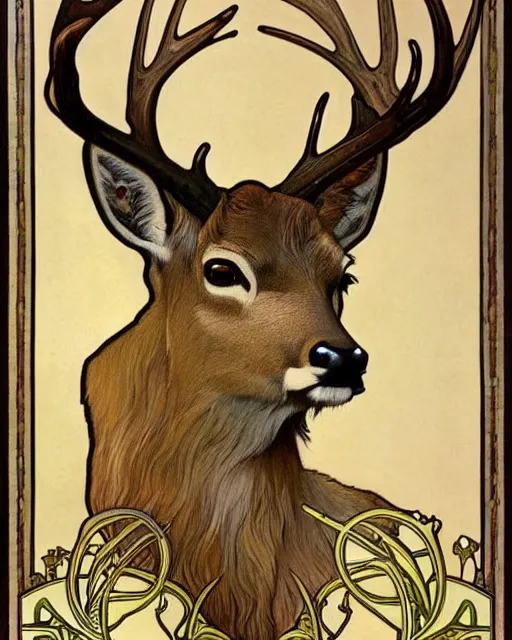 Prompt: an art nouveau painting of a deer with antlers, highly detailed, intricate, artstation, by alphonse mucha and james gurney