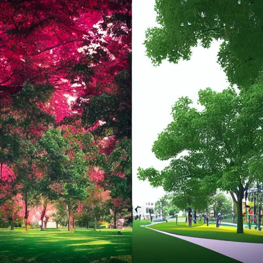 Image similar to a picture of a park in two halves. one half is dystopian colored, the other half is green and optimistically colored