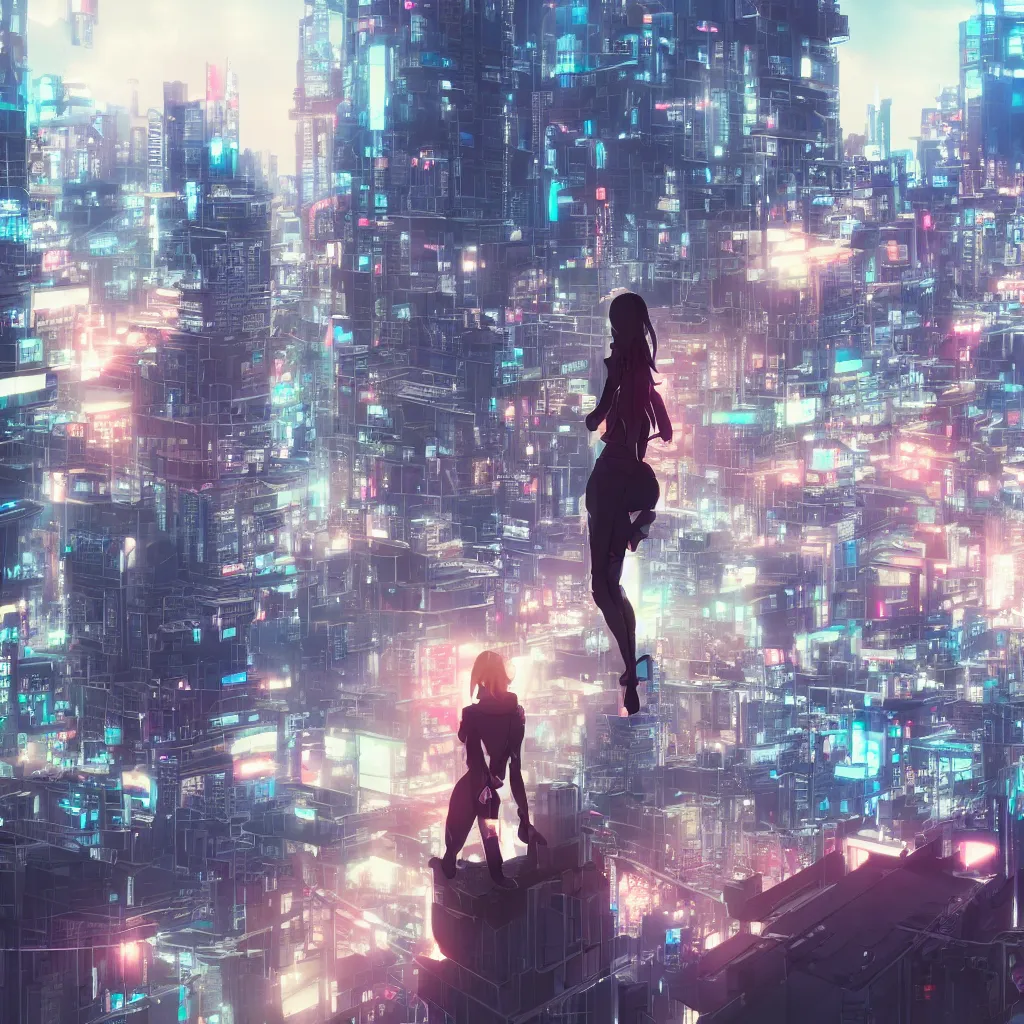 Image similar to a girl stands on top of a multi-storey building, anime style, 4k, cyberpunk city in the background, very detailed