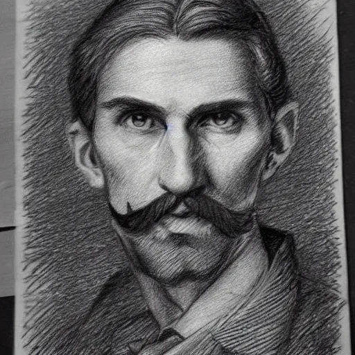 Image similar to A crosshatched portrait drawing of Jerma985 with a pyramidal mustache in the mid-late 1800s, cross haching, crosshatching, mid-late 1800s, grainy, realistic, hyperrealistic, very realistic, highly detailed, very detailed, extremely detailed, detailed, trending on artstation