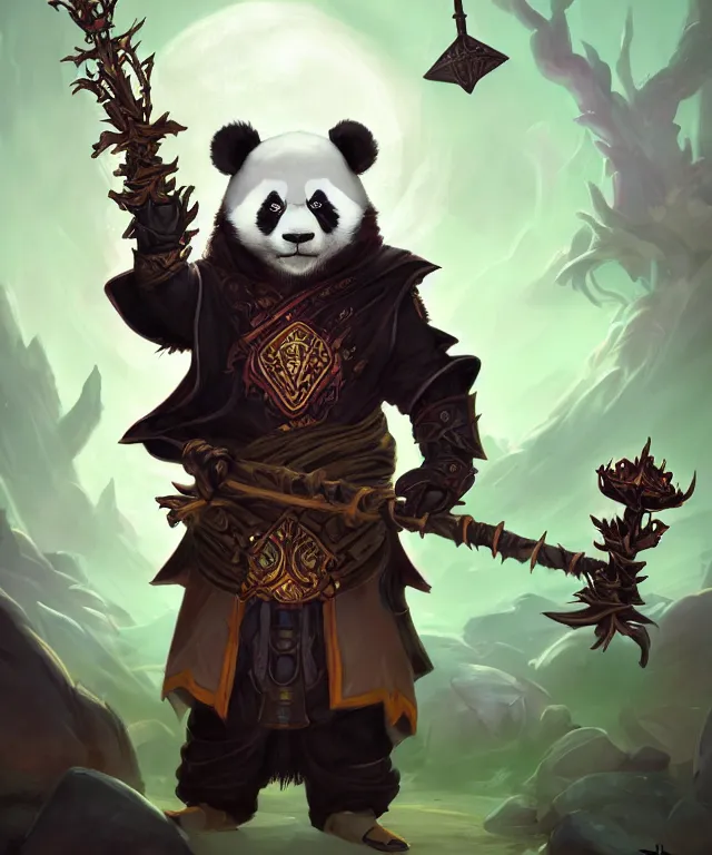 Image similar to a portrait an anthropomorphic panda warlock holding a staff, wearing warlock robes with spiked shoulders, landscape in background, dnd character art portrait, world of warcraft style, by peter mohrbacher, cinematic lighting