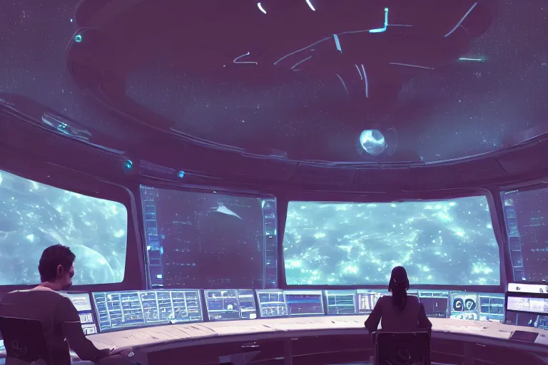 Image similar to a space-craft control room with windows looking out into the cosmos, a computer generated female avatar is on the heads up display, sci fi, Ridley Scott, cinematic, cinematic lighting, artstation, HD,