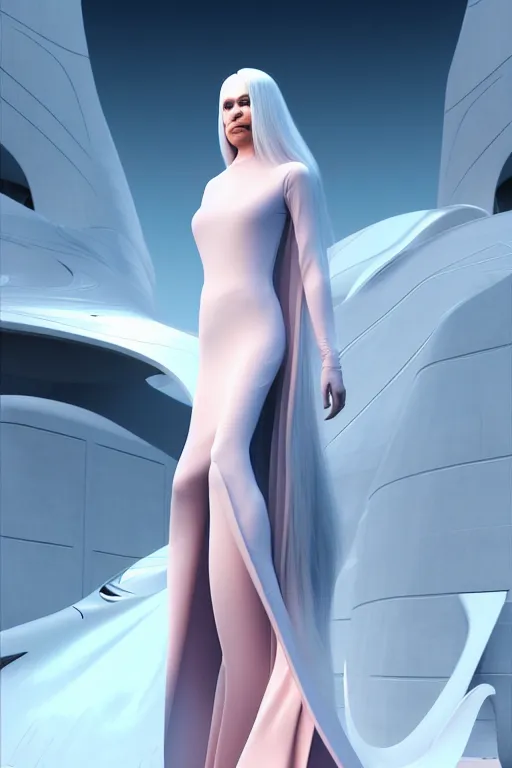 Image similar to a futuristic scene character sheet for long pink haired beautiful thin woman in a white flowing futuristic dress, in front of a zaha hadid building, cinematic matte painting, extreme detail photo quality, dark moody colors, featured on behance