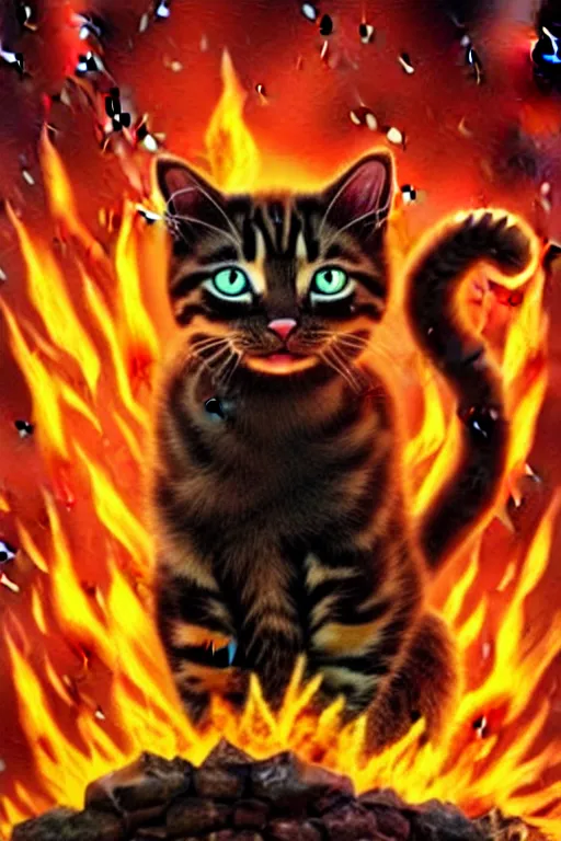 Prompt: a kitty cat commanding all of the armies of hell, a land of lava and rock, raining fire