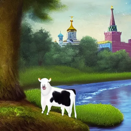 Image similar to A digital painting of a mossy cow in Moscow looking at a river. The cow is holding a wineskin and wears a rucksack. Husky dogs are swimming in the river.