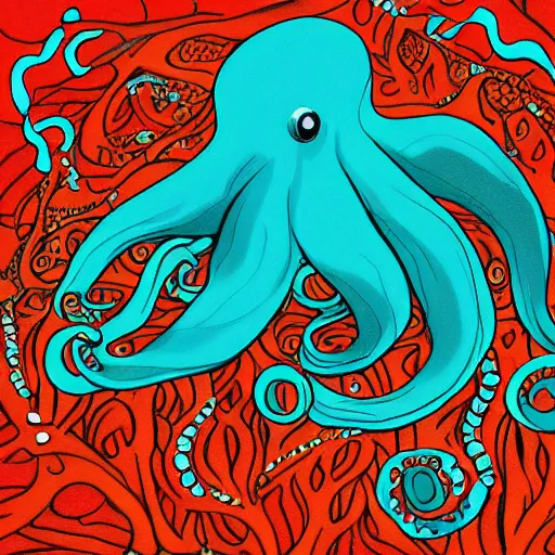 Image similar to giant octopus among the coral, digital art