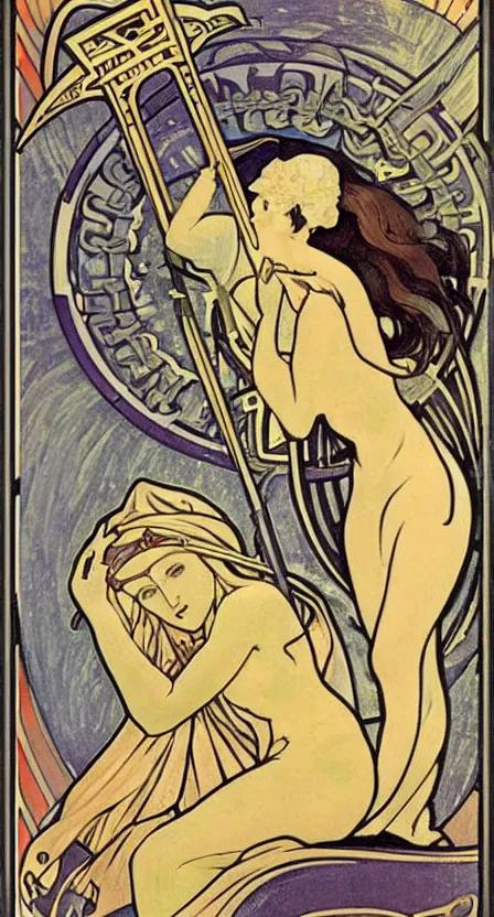 Prompt: a tarot card of death with a scythe, illustrated in an art deco style by tamara de lempika and an elegant border by alphonse mucha.