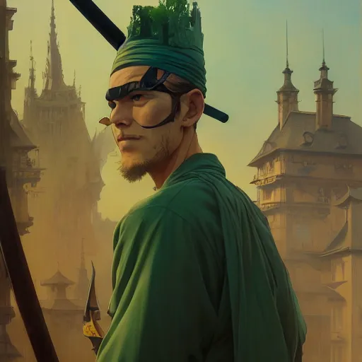 Prompt: highly detailed vfx portrait of roronoa zoro, stephen bliss, greg rutkowski, loish, rhads, beeple, makoto shinkai, tom bagshaw, alphonse mucha, sharp focus, art by artgerm and greg rutkowski, stanley kubrick, backlit, harsh overhead sunlight,