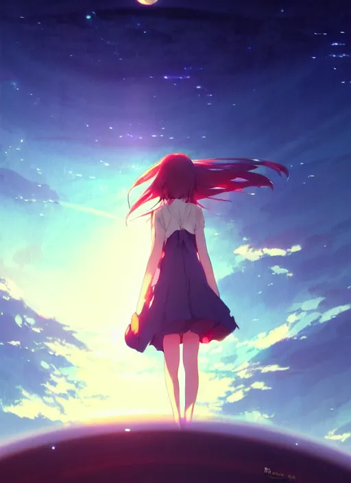 Image similar to anime girl floating against the backdrop of dawn, saturn in the background, illustration, concept art, anime, key visual, trending pixiv fanbox by wlop and greg rutkowski and makoto shinkai and studio ghibli