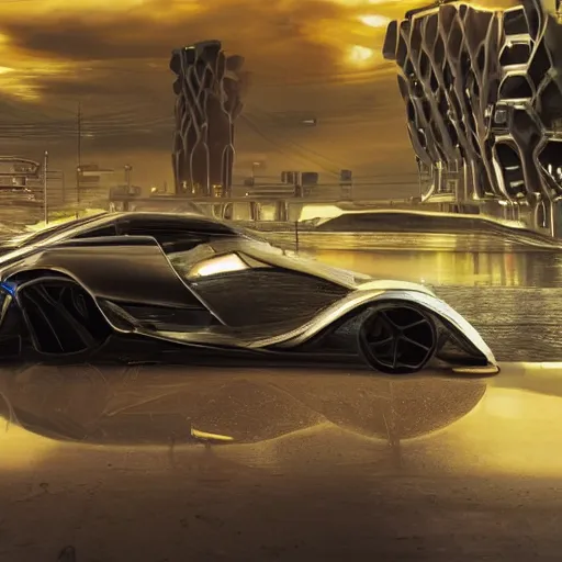 Image similar to car : motherboard forms in the style of zaha hadid architecture sci-fi futuristic setting ultra realistic photography, keyshot render, octane render, unreal engine 5 render , high oiled liquid glossy specularity reflections, ultra detailed, golden hour 4k, 8k, 16k in the style ofblade runner 2049 Cyberpunk 2077 ghost in the shell thor 2 marvel film : tilt shift: sharp focus