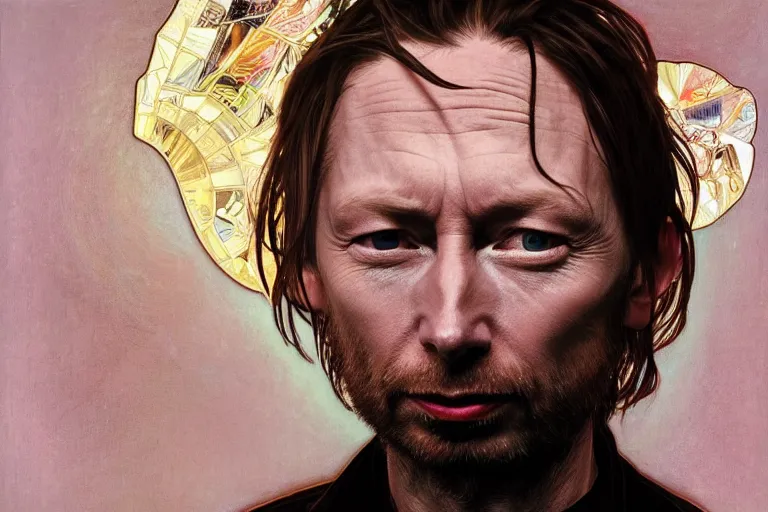 Image similar to hyper realistic portrait of wide faced thom yorke, bigger cheekbones, bigger forehead, bigger chin, smile, on a stage, by lee bermejo, alphonse mucha and greg rutkowski