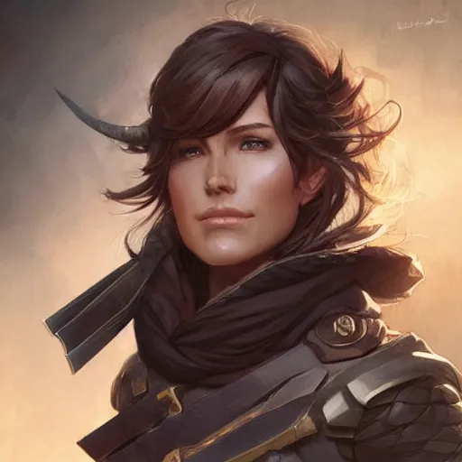 Image similar to female ranger in her 4 0 s, art by artgerm and greg rutkowski and magali villeneuve, d & d, fantasy, portrait, highly detailed, headshot, digital painting, trending on artstation, concept art, sharp focus, illustration