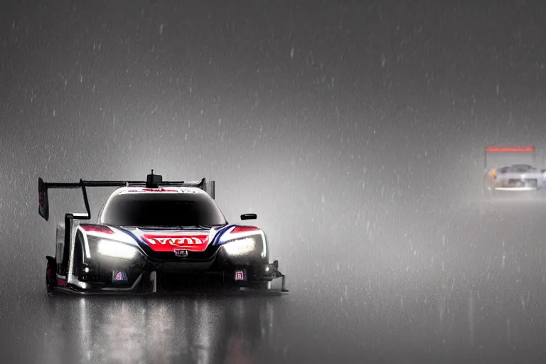 Prompt: Honda Civic 2022. Honda LMP2 car racing on dimly lit track overcast skies raining headlights illuminating the track cinematic digital painting vray photo muted colors dark cinematic