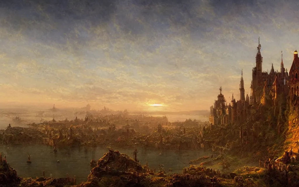 Prompt: large sprawling medieval city at dawn, steampunk, ocean in the distance, distant castle on a hill, cinematic lighting, intricate ink illustration, by albert bierstadt