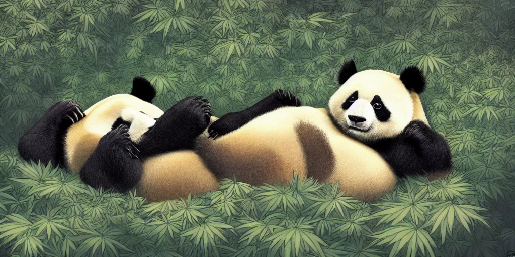 Image similar to beautiful aesthetic digital illustration of a relaxed panda surrounded by an endless forest of weed wlop and Julia Razumova, realistic, photorealistic, hyperrealistic, unreal engine, octane, deviantArt, trending on artstation, artstation HQ