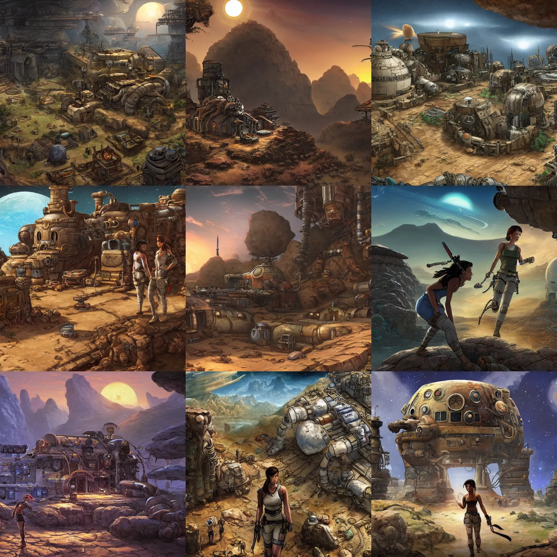 Prompt: in front of a remote human outpost on a remote planet, from a space themed point and click 2 d graphic adventure game, art inspired by tomb raider and steampunk and thomas kinkade