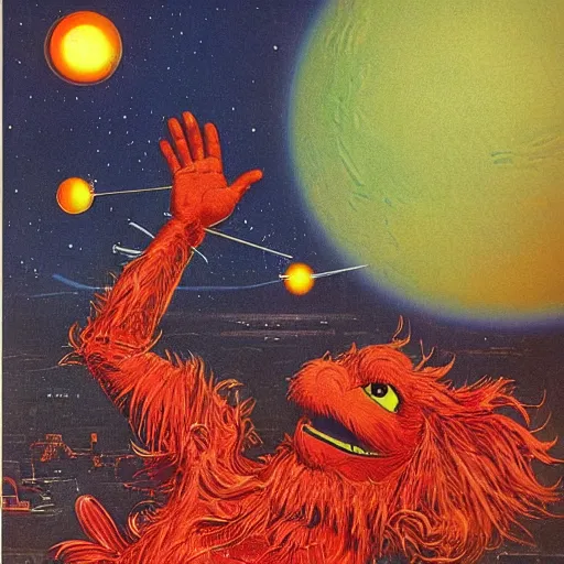 Image similar to elmo in the style of a 7 0 s science fiction novel cover, highly detailed, bruce pennington, peter jones