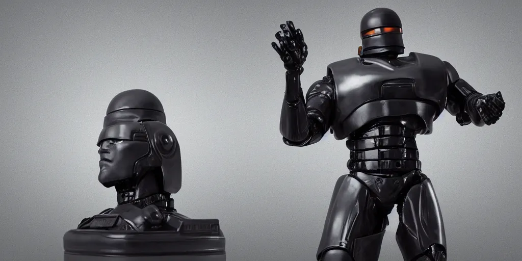 Prompt: robocop statue, dark background