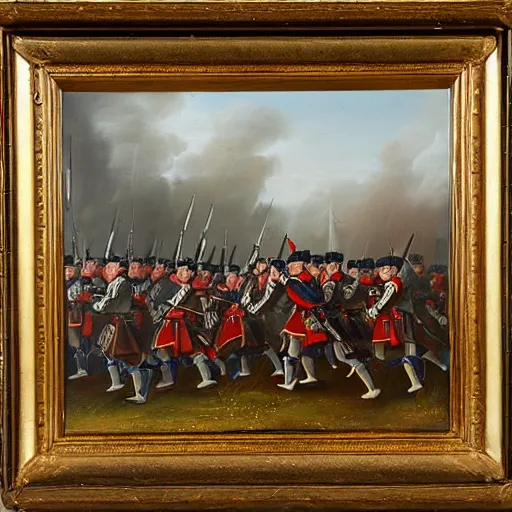 Image similar to Jacobite scottish soldiers charging at british redcoats detailed oil painting