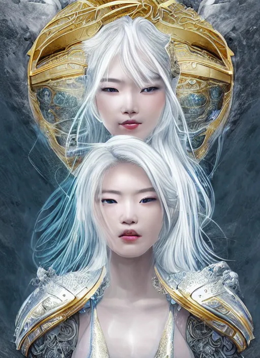 Prompt: side portrait of a Korean female Celestial Goddess, scifi, white hair, gold and royal blue luxurious armour, trending on artstation, gsociety, elegant, high-end, ethereal and dreamy theme, at Pamukkale, thermal waters flowing down white travertine terraces, highly detailed, realistic eyes, detailed illustration, smooth, sharp focus, upper body, intricate, rule of thirds, holy glow, backlit, dark background hd 4k by Greg Rutkowski, Alphonse Mucha, Ayami Kojima, Charlie Bowater, Artgerm, Loish, Kentaro Miura, Karol Bak, Greg Hildebrandt, Norman Rockwell