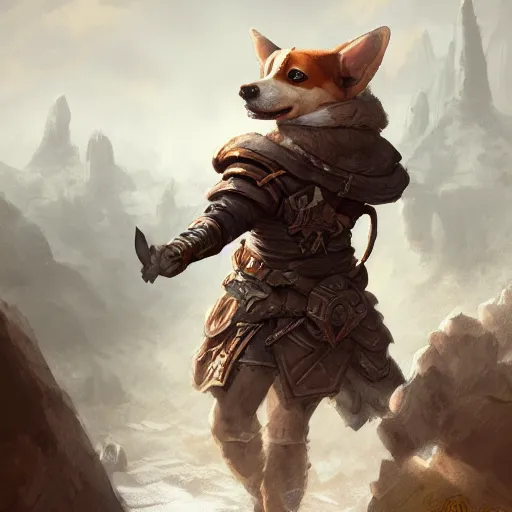 Prompt: d & d character art, corgi adventurer, hyperrealistic, extremely detailed, fantasy, digital illustration, artgerm, greg rutkowski, trending on artstation, 8 k