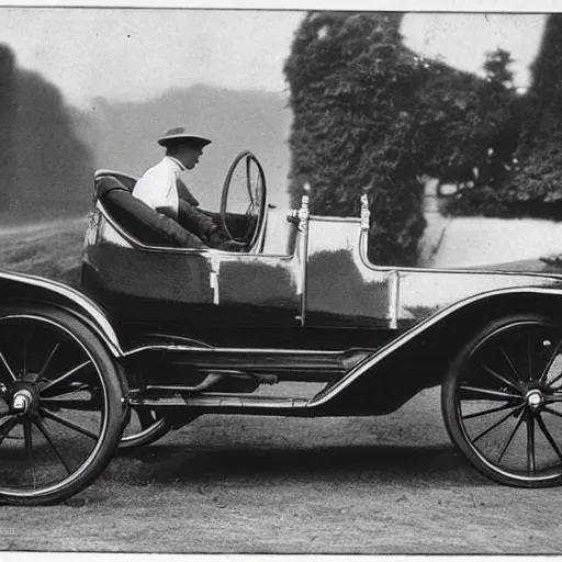 Image similar to an oldie car with wings and horse black-white retro photo 1910, man in front