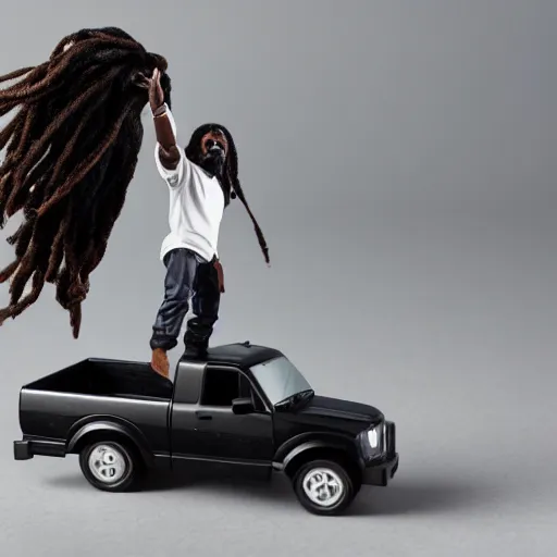 Image similar to black man action figure with dreads standing on top of a black rc pickup truck, close up photograph, white background