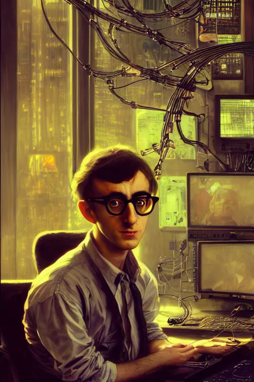 Image similar to hyperrealist cyberpunk portrait of a young ducktail bearded middle eartern woody allen, it is decorated with long computer wires and computer monitors in the cyberpunk office background. by jeremy mann and alphonse mucha, fantasy art, photo realistic, dynamic lighting, artstation, poster, volumetric lighting, very detailed faces, 4 k, award winning