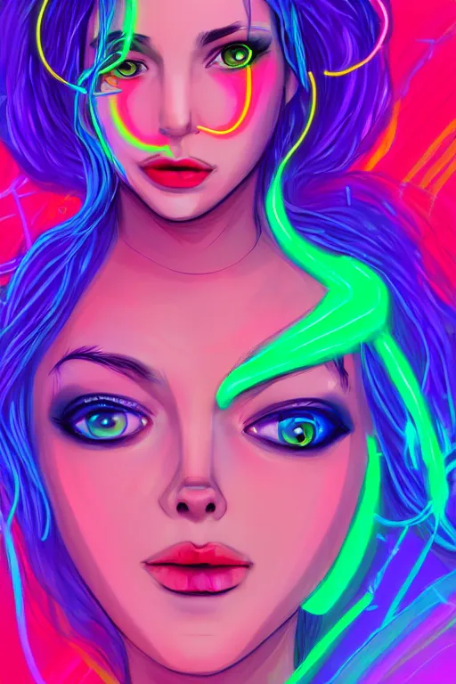 Image similar to a award winning portrait of a beautiful woman with stunning eyes in a one off shoulder croptop and cargo pants with rainbow colored hair, outlined by whirling illuminated neon lines and fine lines swirling in circles by lois van baarle, digital art, trending on artstation