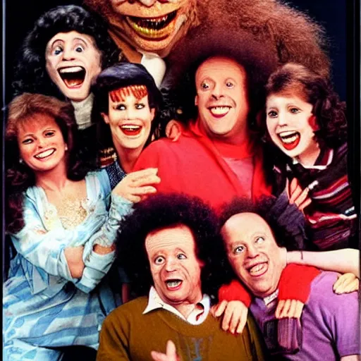 Image similar to vintage 1 9 8 0's sitcom publicity photo, a happy photogenic family and richard simmons as a horrifying angry detailed monstrous demon creature inside a 1 9 8 0's sitcom living room