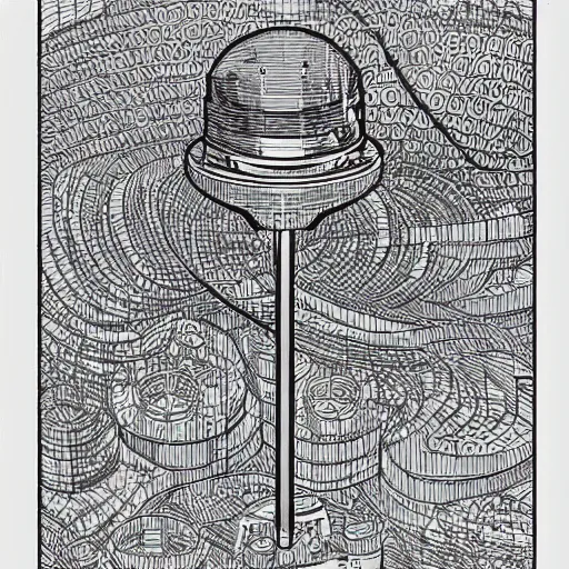 Image similar to Simplistic coloring book of a turbine blueprint, black ball pen on white paper, by Josan Gonzalez and Geof Darrow