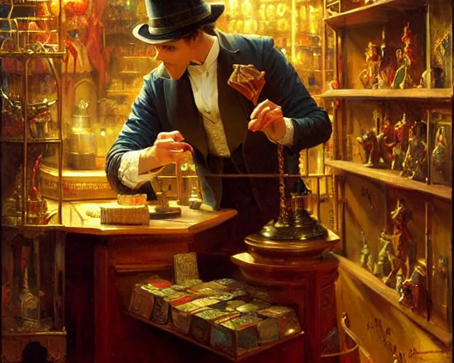 Image similar to attractive magician man, in magic shop. highly detailed painting by gaston bussiere, craig mullins, j. c. leyendecker