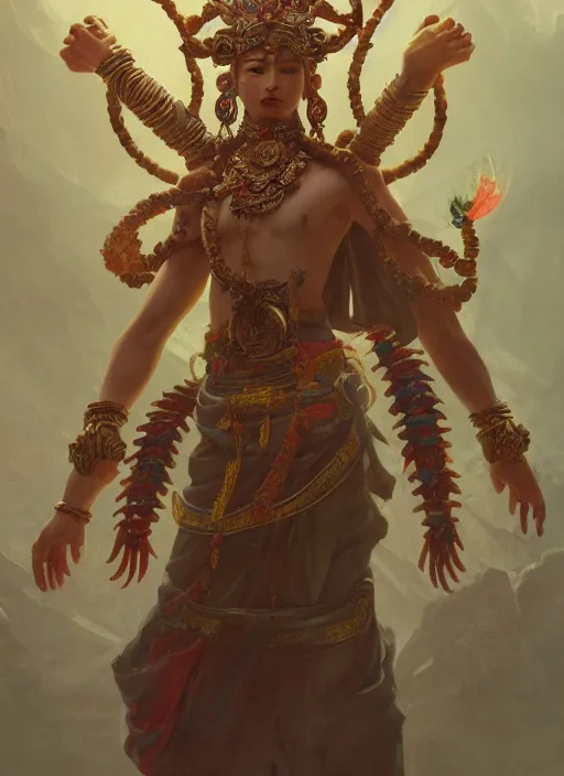 Image similar to Gigantic Deity with 8 arms and aztec accessories and translucent amulets, extremly detailed oil painting, in the style of Fenghua Zhong and Ruan Jia and Jeremy Lipking, rim light, beautiful lighting, mystic, 8k, stunning scene, raytracing, octane, trending on artstation