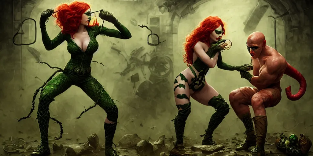 Prompt: poison ivy and Bane DC comics fighting, battle pose, illustration, realistic eyes, artstation, cinematic lighting, hyperdetailed, detailed realistic symmetrical eyes, cgsociety, 8k, high resolution, Charlie Bowater, Tom Bagshaw, Norman Rockwell, insanely detailed and intricate, sewer background