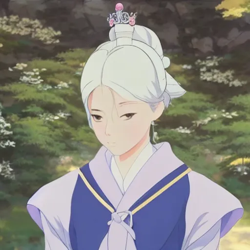 Image similar to Portrait of a japanese princess young lady, with white hair and bangs!!!! beauty artwork by Makoto Shinkai, Studio Ghibli, white hair, ayaka genshin impact, ayaka, ayaka game genshin impact, ayaka, extremely detailed, beautiful, establishing shot, artistic, shadows, high quality, unreal engine, overwatch art team