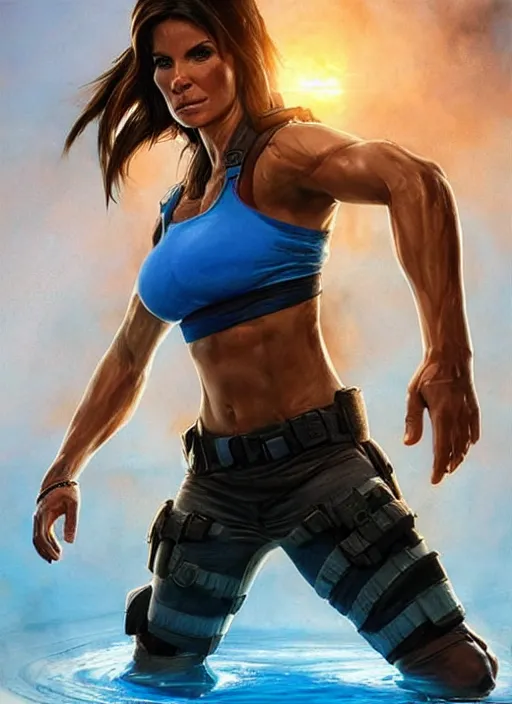 Image similar to muscled Sandra Bullock as Lara Croft as a ruggedly handsome heroine looking directly into the camera, jumping off a glowing artifact lodged in shallow blue glowing water, intricate, elegant, highly detailed, artstation, concept art, smooth, sharp focus, illustration, bokeh art by artgerm and donato giancola and Joseph Christian Leyendecker, WLOP, fireflies, distant snowstorm and thunder