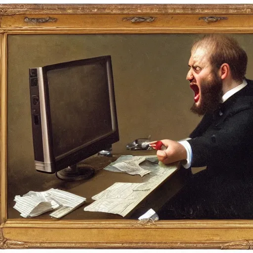 Image similar to an angry man yells at his computer monitor, oil on canvas, 1 8 8 3, highly detailed