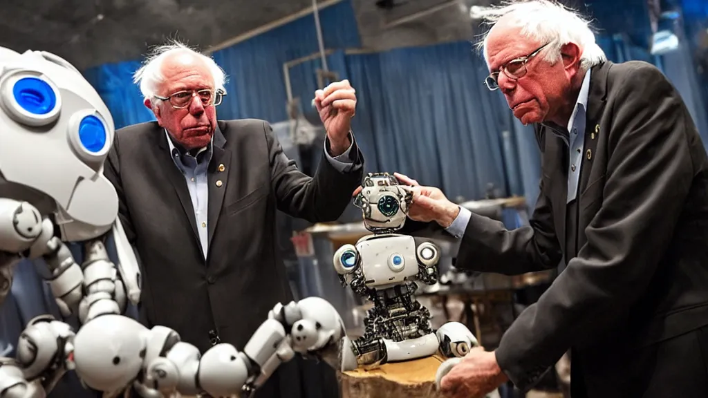 Image similar to bernie sanders putting the finishing touches on a ( ( ( ( cute ) ) ) ) clockwork doomsday robot, cinematic moody lighting, sharp focus, imax