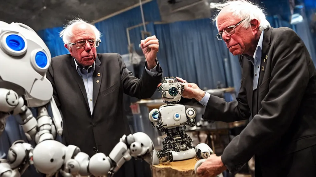 Prompt: bernie sanders putting the finishing touches on a ( ( ( ( cute ) ) ) ) clockwork doomsday robot, cinematic moody lighting, sharp focus, imax