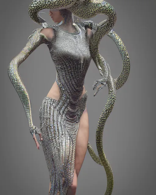 Prompt: a highly detailed metahuman 4 k close up render of an alien goddess bella hadid monument snake in iris van herpen dress schiaparelli in diamonds crystals swarovski and jewelry iridescent in style of alphonse mucha gustav klimt trending on artstation made in unreal engine 4