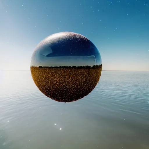 Prompt: A photo of a huge ball made of water floating in the sky