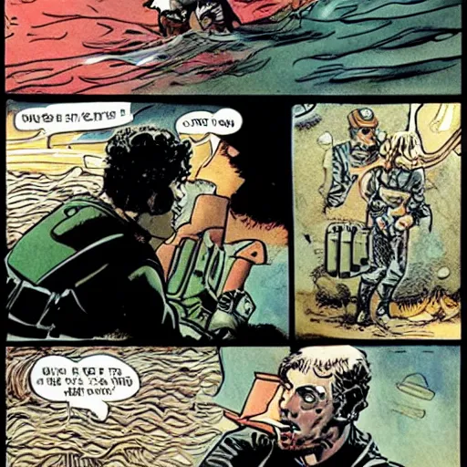 Image similar to two cods talking to eachother in deep sea, art by howard chaykin
