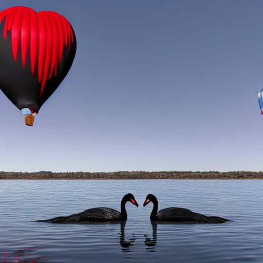 Image similar to photo of two black swans swimming in a beautiful reflective mountain lake, touching heads, forming a heart with their necks, a colorful hot air balloon is flying above the swans, hot air balloon, intricate, portrait, 8k highly professionally detailed, HDR, CGsociety, octane render, 4k