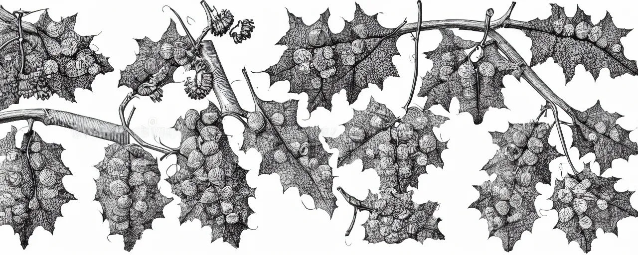 Image similar to a full page schematic diagram illustration of a vine leaves with oak acorns, ultra detailed, 4 k, intricate, encyclopedia illustration, fine inking lines