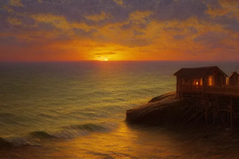 Image similar to sunset over a wooden cabin on the coast in the distance, sea, waves, oil painting, very detailed, colorful, cinematic lighting, albert bierstadt, trending on artstation