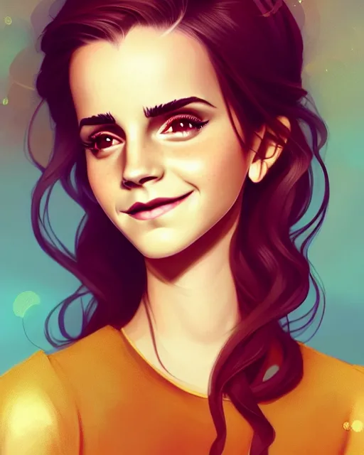 Image similar to a portrait of a beautiful full body Emma Watson smiling, pretty gold and red dress, art by lois van baarle and loish and ross tran and rossdraws and sam yang and samdoesarts and artgerm, digital art, highly detailed, intricate, sharp focus, Trending on Artstation HQ, deviantart, unreal engine 5, 4K UHD image