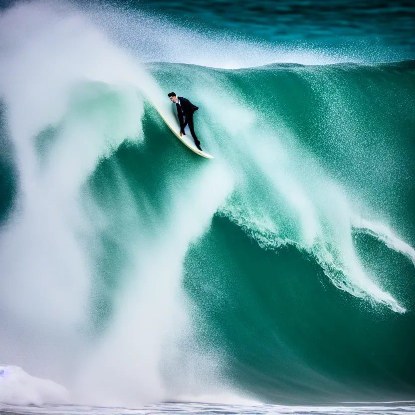 Image similar to man in black suit surfs carpet which looks like ocean wave in nazare, furniture around, business surrounding, dslr, insane details, hyper reallistic, 8 k, clear face and eyes, ultra clear detail, hdr, textured, award winning, professional photography