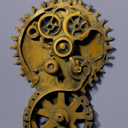 Prompt: a martian artifact in a museum, bronze, old, alien, verdigris, mechanical, gears